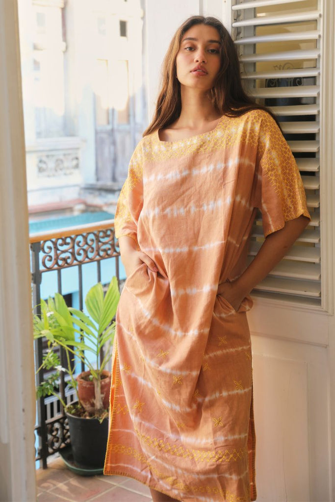 Women's Sleeved Maxi Kaftan - Sand Tie Dye