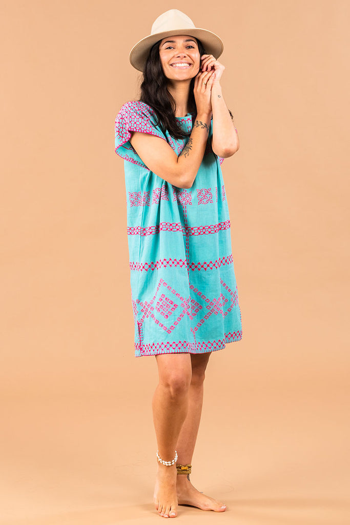 Women's Mini Handmade Kaftan - Cyan