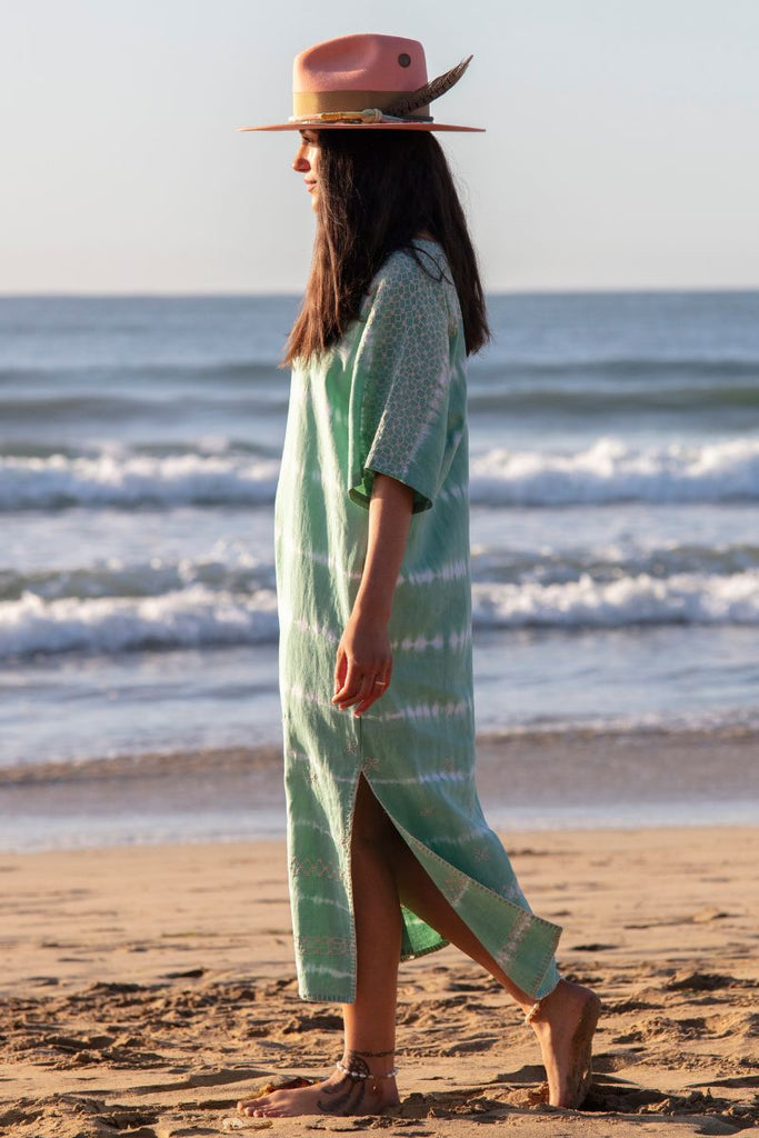 Women's Sleeved Maxi Kaftan - Kelp Tie Dye