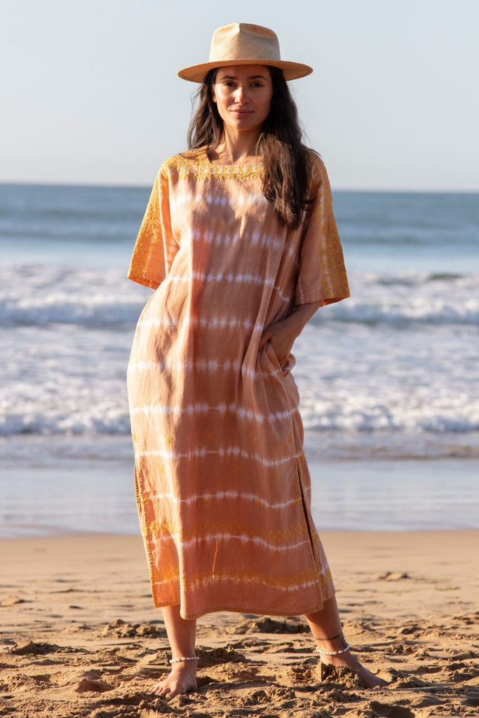 Women's Sleeved Maxi Kaftan - Sand Tie Dye