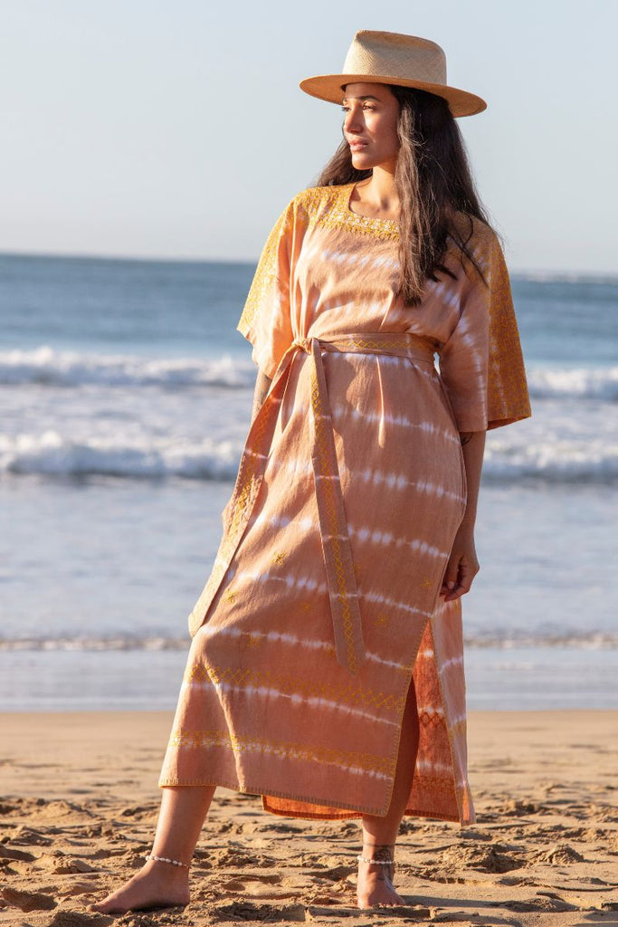 Women's Sleeved Maxi Kaftan - Sand Tie Dye
