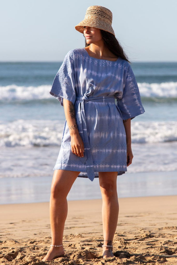 Women's Sleeved Super Mini Kaftan - Pacific Tie Dye